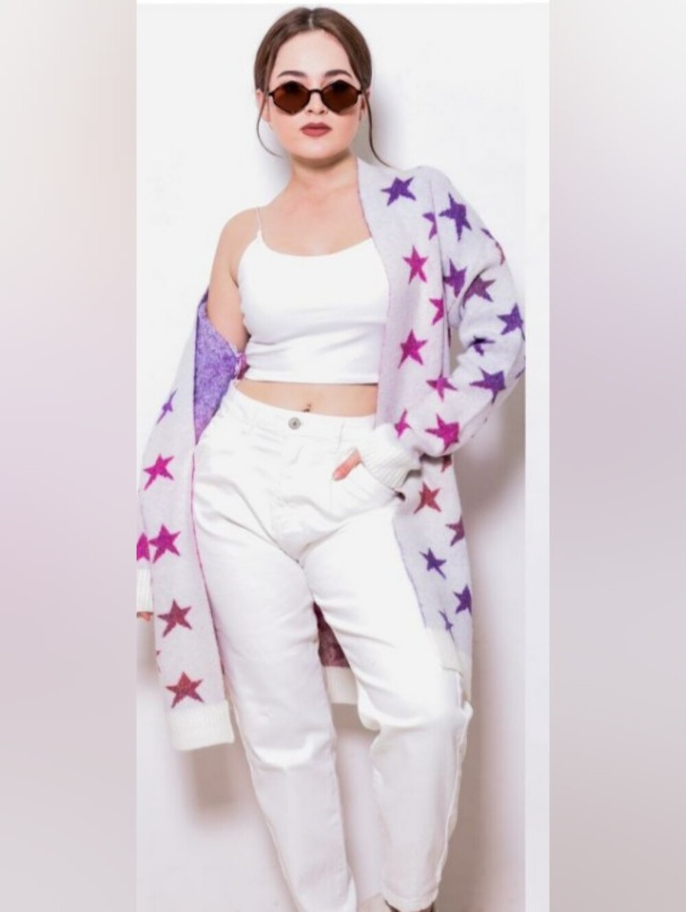 entro Cream Cardigan with Purple Ombre Pattern